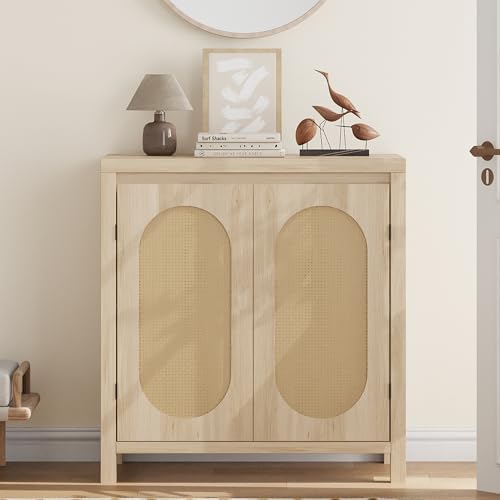 GAOMON Rattan Storage Cabinet, Wooden Sideboard Buffet Storage with Doors and Shelves, Small Console Cabinet with Storage, Boho Accent Cabinet for Entryway, Living Room, Dining Room, Natural - Image 3