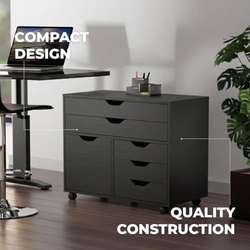 Image of Winsome Halifax Mobile Storage Cabinet with 1 Large Door & 5 Drawers, Black