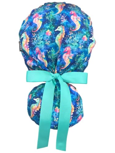 Image of Scrub Cap for Women and Men, Ponytail Scrub Caps, Working Hat, Head Cover with Ribbon Ties and Buttons, Long Hair