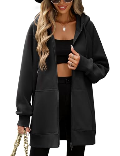 Vancavoo Sweatjacke Damen mit Kapuze Lange Kapuzenpullover Reißverschluss Hoodie Jacke Frühling Herbst Lang Fleecejacke Kapuzenjacke Elegant Übergangsjacke mit Taschen,Schwarz,XL