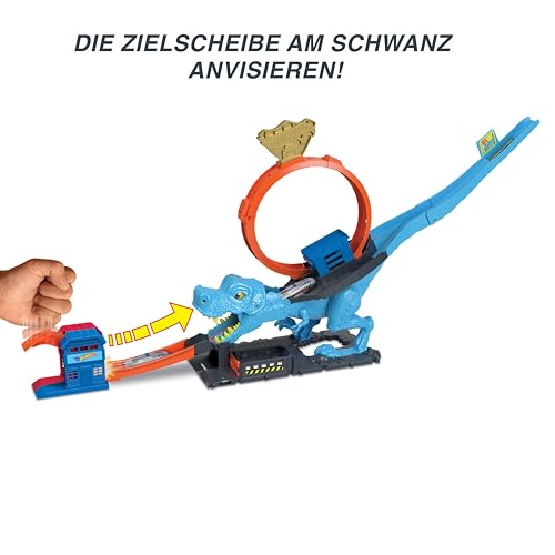 Hot Wheels Autorennbahn T-Rex Angriff, Geschicklichkeitsspiel durch genaues Timing und Zielen, mit Looping Track, Auto Spielzeug, Spielzeug ab 4 Jahre, HNP77