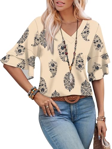 Image of OFEEFAN Spring Tops for Women Boho Shirts Fashion Clothing Cute 3 /4 Length Sleeve Blouses Dressy Casual Summer Outfits