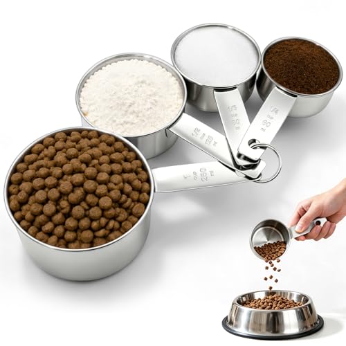 4 Pcs Stainless Steel Measuring Scoop Set, 1 Cup, 1/2 Cup, 1/3 Cup & 1/4 Cup Metal Scoops for Dog & Cat Food, Baking, Cooking, Wet & Dry Ingredients, Dishwasher Safe