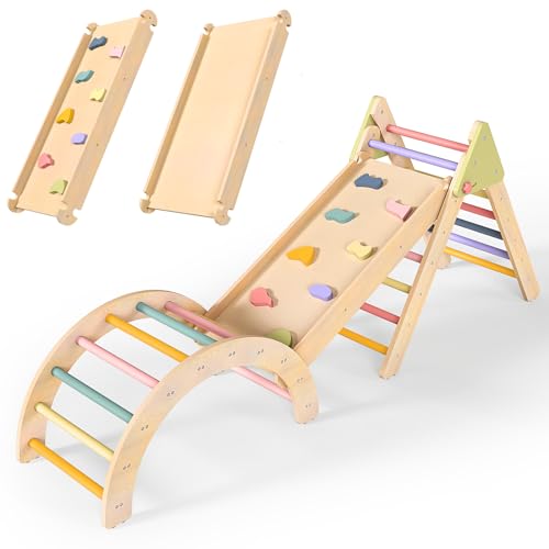 LOL-FUN 7-in-1 Klettergerüst Set, Faltbares Kletterdreieck mit Rutsche und Kletterbogen, Holz Multifunktionales Indoor-Spielzeug für Kleinkinder