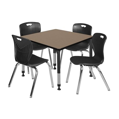 Romig Trek 36 in. Square Adjustable Classroom Table- Noble Oak Top, Black Base & 4 Andy 18 in. Black Stack Chairs