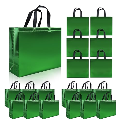 cabzymx Glossy Green Reusable Gift Bags 15 Pcs, 12.6 x 4.7 x 11 In Party Goodie Bags with Sturdy Base, Large Christmas Gift Bags Bulk for Birthday, Wedding, Xmas, Holiday