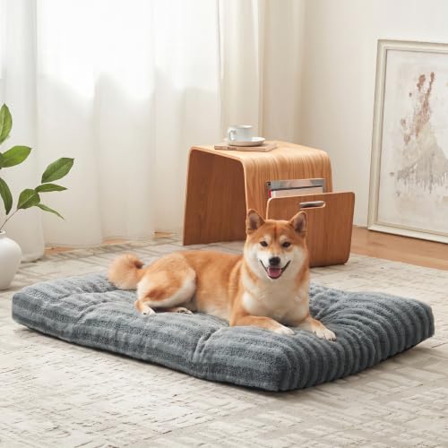 Image of Pawk Medium Dog Bed Washable - Fluffy Plush Fur Dog Mattress, Anti-Slip Dog Beds for Dog Crate, Calming Anti Anxiety Dog Mat, 74 × 53 × 8 cm, Grey