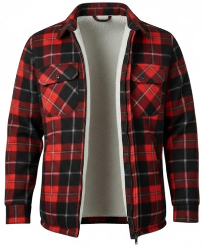 Mens Padded Shirts Lumberjack Top Casual Coat Hooded & Collared Flannel Check Jacket Thick Quilted Work Wear Warm Thermal Fleece Fur Lined Shirt S-5XL (UK Alpha XL Regular Regular Red/Collar)
