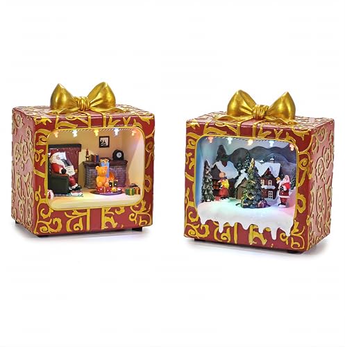 EMPOTEC Scena FESTIVITÀ Natalizia in Pacco Regalo Paesaggio Villaggio Natale Movimento Suono e Luci Decorazione Soprammobile Centro Tavola Alta qualità Idee Regalo 20x19x15cm Assortiti (1pz)