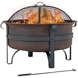 Sunnydaze 29-Inch Wood-Burning Outdoor Fire Pit - Bronze Cauldron Wood Fire Pit for Outside - Includes Poker and Spark Screen
