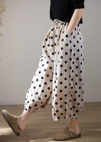 chouyatou Women's Polka Dot Print Elastic Waist Wide Leg Cotton Linen Pants Floral Capri Palazzo Trousers2