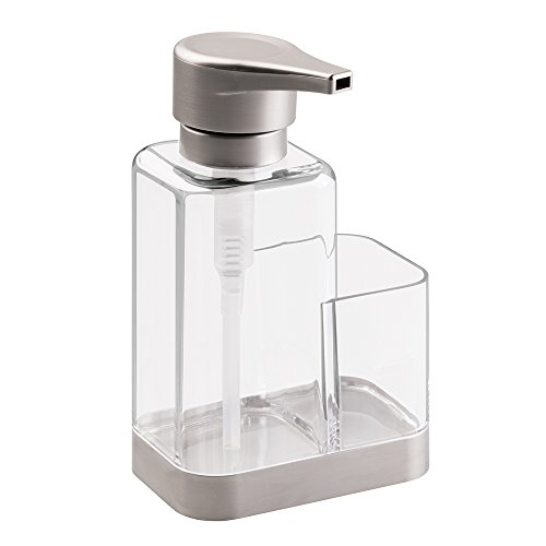 mDesign Modern Plastic Kitchen Sink Countertop Liquid Hand Soap Dispenser Pump Bottle Caddy with Storage Compartment - Holds and Stores Sponges, Scrubbers and Brushes - Clear/Brushed