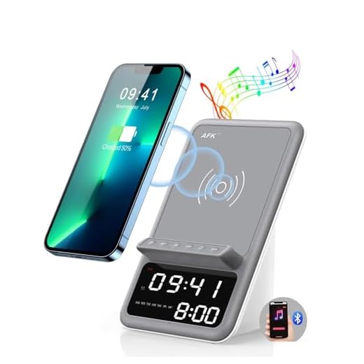 AFK Wireless Charging Station with Bluetooth Speaker and Alarm Clock,Wireless Charger Compatible with iPhone,Android Phones (Gray-White)