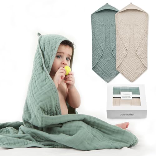 Image of FAVERDIIY Hooded Baby Towels for Newborn, 35x35 Inch 2 Pack 100% Muslin Cotton Baby Bath Towel, Soft Baby Beach Towels with Hood for Infants, Toddlers and Kids, Essentials Must Haves