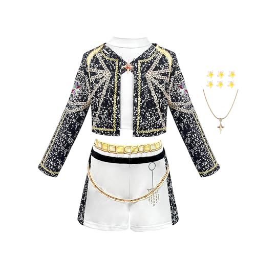 RUXINRUA Girls Cosplay Costume, 3-13 Years Demon Hunters Kids Lining Jacket Shorts 3PCS Uniform Outfits with Wig (9-10 years)
