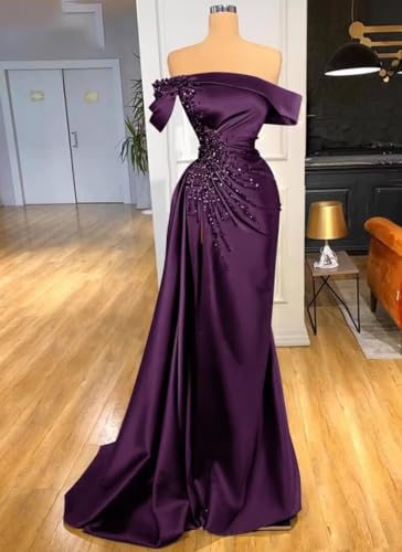 Mermaid Beads Prom Dress with Slit Satin Bridesmaid Dresses 2024 Off Shoulder Evening Formal Party SED01712