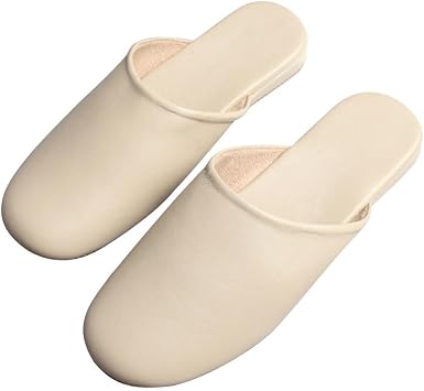 Genuine Leather Scuff Slippers Men and Women Home Slippers,Four Season Soft Bottom Slippers,Couple Slippers Closed Toe Ladies SlidesBeige,EUR35-36