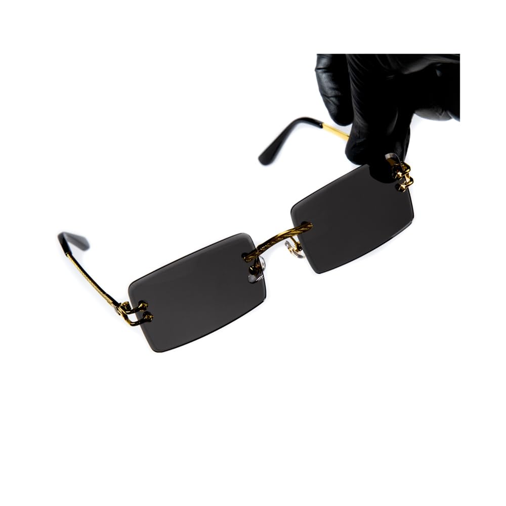 Street Knitted Mens Women's Gold Wire Frame Metal Arm Dark Black Tint Rimless Square Cool Frameless Rectangular Sun Glasses Vintage 90's Old School Dark Tint Shades Retro Men Hip Hop Sunglasses