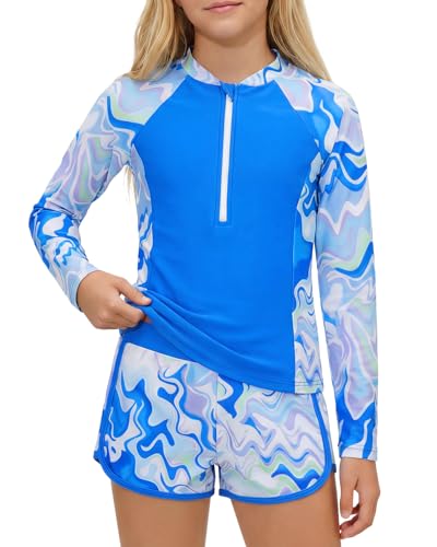 JiAmy UV Badeanzug Mädchen mit Gepolsterte, Langarm Kinder UV Badebekleidung mit Badeshirt & Shorts, Schwimmshirt UV Shirt Schwimmanzug Blau-Weiß 13-14 Jahre