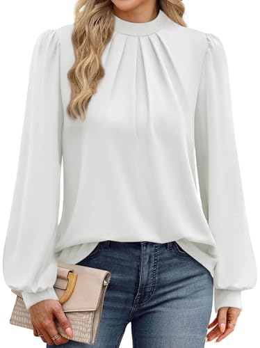Image of WIHOLL Long Sleeve Shirts for Women Mock Neck Tops Pleated Front Blouses Dressy Casual Spring Fall Clothes 2026 Fashion