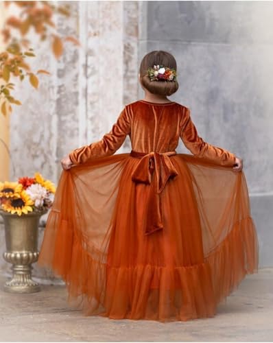 Long Sleeve Flower Girl Dress Velvet Tulle Princess Pageant Dresses for Girls Floor Length Prom Gown3