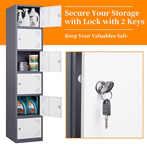 Image of Metal Locker with 6 Doors, 71 inch Lockers for Employees Steel Storage Locker, Lockable Locker Cabinet for School, Gym, Home Office and Garage(Grey White)