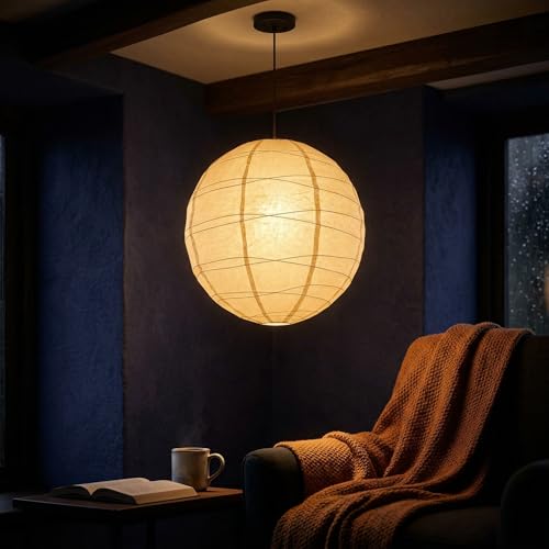 Image of Nogy Lantern Lamp Pendant Light - Paper Lantern Pendant - Off White Paper Pendant Light - Rice Hanging Light, Perfect for Home Decor