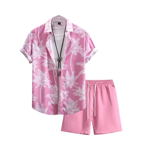 Ensembles pour hommes à motifs de revers short de plage rose et haut fluide d'été regular