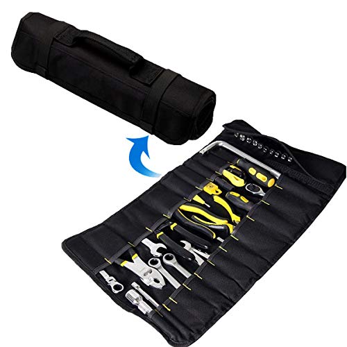 Copechilla Werkzeugrolltasche tragbar 22 fächer und 1 Steckdosen tasche-15 Loch,double layer verdickung wasserdicht 600d oxford leinwand,59X36CM,Rolltasche für elektriker,automechaniker,Schwarz