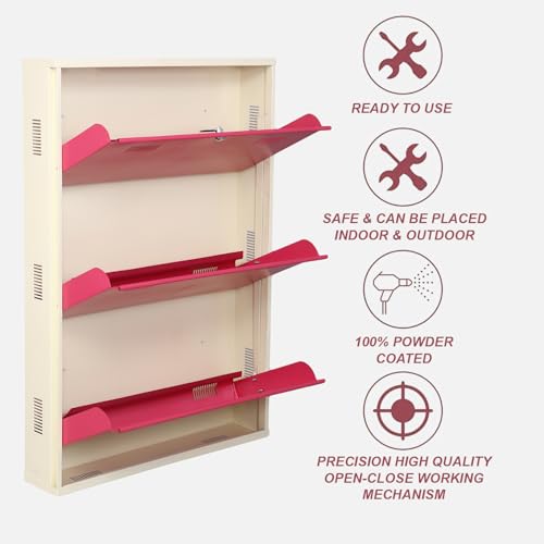 Image of Metal Shoe Rack Wall Mounted for Home with Central Locking |3 Door 28 inch Wall Mounted Metal 9 Pair Shoe Rack Cabinet | Pre-Assembled Rack Shelves |3 Year Warranty (Pink & Ivory)