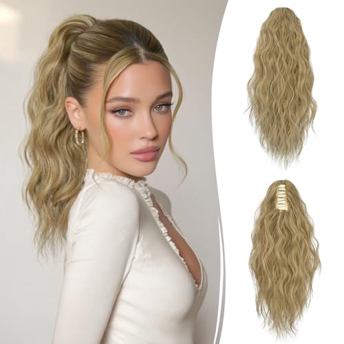 RUWISS Coleta Postiza Pelo Natural con Pinza, Cola Postiza Rizada Ondulado 35 cm Cola Caballo Extension Pelo Natural Sintético para Mujeres (Rubio Ceniza)