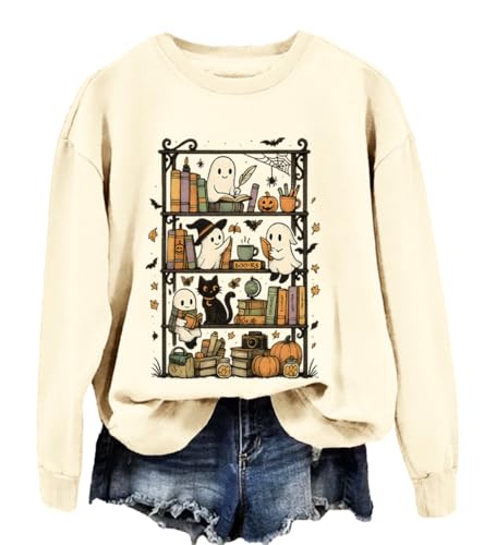 Halloween Bookshelf Sweatshirt Retro Halloween Bookshelf Shirt Reading Books Tops