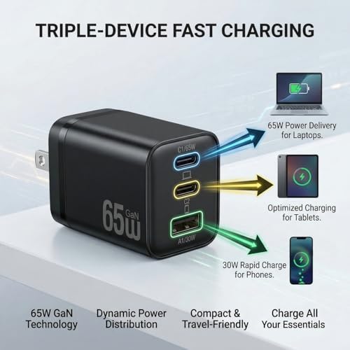 65W USB C Charger Block, 3-Port GaN III Fast Charger with 6FT 240W Cable