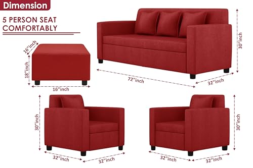 Image of 3+1+1 Seater Sofa Set with Ottoman -Modern Velvet Fabric Sofa Set for Living Room, Deep Seating Comfort with Cushions (Red)