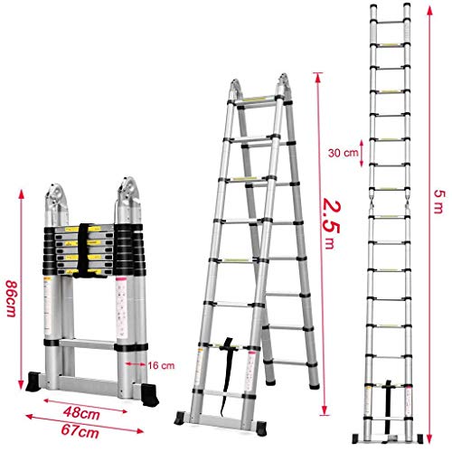 Image of Bigapple Aluminium Folding Step Ladder Portable and Compact 2X8-step Telescopic 2.5m+2.5m Foladable for Household and Outdoor Purpose, Mag Hinge, 150Kg Loading