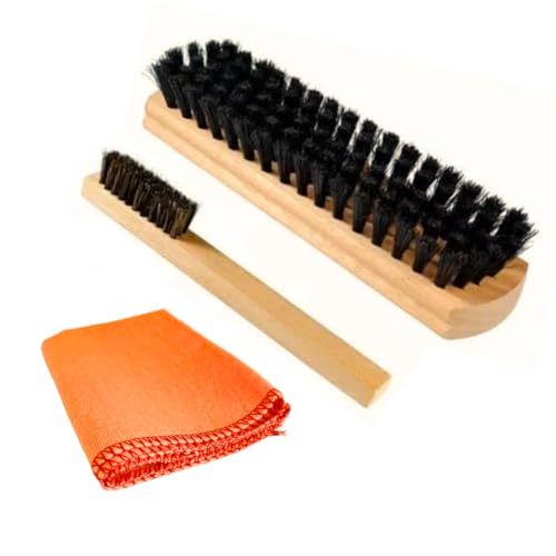 Kit Conjunto Engraxar Limpeza de calçados Sapatos Bolsas Couro, 2 Escovas de Cerdas Sintéticas + 1 Pano Flanela