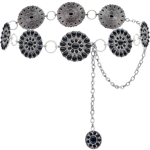 Image of Turquoise Belt Silver Western Chain Belt, Cowgirl Concho Style with Turquoises Embellishment for Women (Sunflower Mix-Black, Fits low waist 31-35''(47'' total))