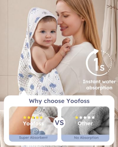 Image of Yoofoss Hooded Baby Towels for Newborn 2 Pack 100% Muslin Organic Cotton Baby Bath Towel with Hood for Babies, Infant, Toddler and Kids, 32x32Inch, Soft and Absorbent Newborn Essential, Blue Clouds