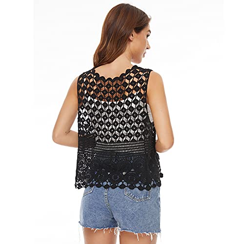 Image of Womens Floral Crochet Lace Boho Trim Sleeveless Open Front Vest Cardigan