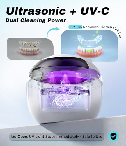 Image of Ultrasonic Retainer Cleaner Machine, 45kHz Deep Gentle Dental Cleaning Pod with 304 Stainless Steel Tank, 4 Cleaning Modes for Aligners, Dentures, Mouth Guards, Night Guards, Toothbrush Heads