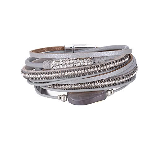Multilayer Leather Bracelet Handmade Crystal Wrap Bangle with Magnetic Clasp Leather Wrap Bracelet Bohemian Jewelry Gift for Women and Girl (Grey)