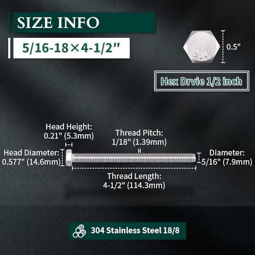 Image of 5 /16-18 x 4-1 /2 inch Hex Head Bolts Screws, 304 Stainless Steel 18-8, Fully Threaded, Hexagon Head Cap Bolts Screws, Coarse Thread UNC, 10 PCS