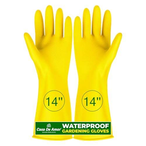 Image of Casa De Amor 14 Inch Long Heavy Duty Latex Rubber Gardening Gloves - Waterproof & Reusable Garden Gloves for Home, Farming, Agriculture & Dairy Use - 0.55mm Thick, Yellow (1 Pair)
