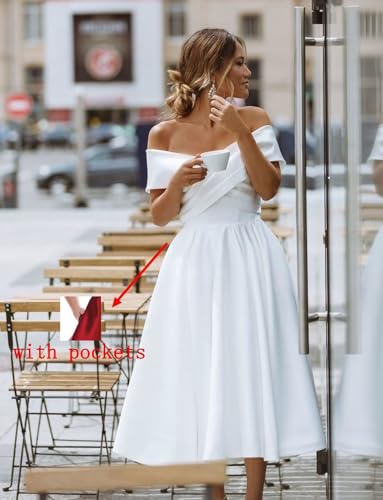POMUYOO Women's Off The Shoulder Short Homecoming Dress Satin Simple Bridesmaid Prom Gown with Pockets YG2042