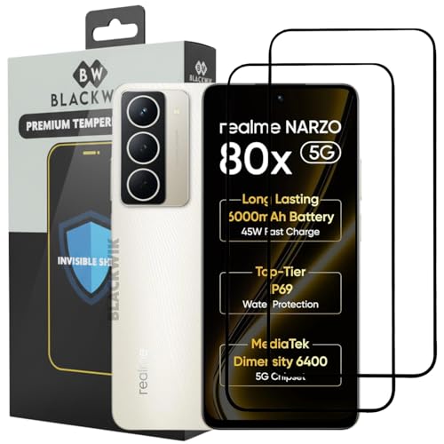 Image of Blackwik Tempered Glass Screen Protector for Realme Narzo 80x 5G with Edge-To-Edge Protector Coverage | Easy Installation Kit (Black) (Pack Of 2)