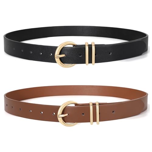 XZQTIVE 2 Pack Womens Leather Belts for Jeans Dress Pants Fashion Plus Size Ladies Black Waist Belt with Gold Buckle