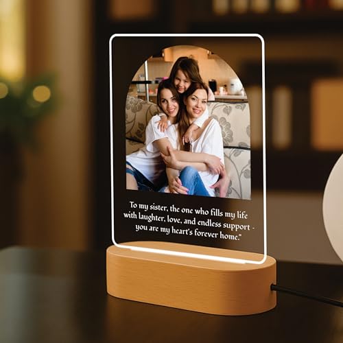 Image of Giftplease Personalised Rakhi Gift for Sister - Custom Acrylic Photo Collage Frame with Wooden Base, Meaningful Raksha Bandhan Keepsake, Personalized Memory Display for Siblings, Tabletop Decor