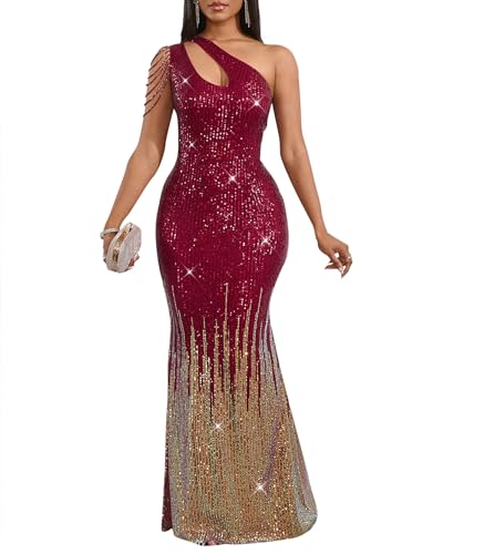 Image of Cololura Women Sequin Elegant Sexy One Shoulder Tassel Mermaid Bodycon Cocktail Evening Dress