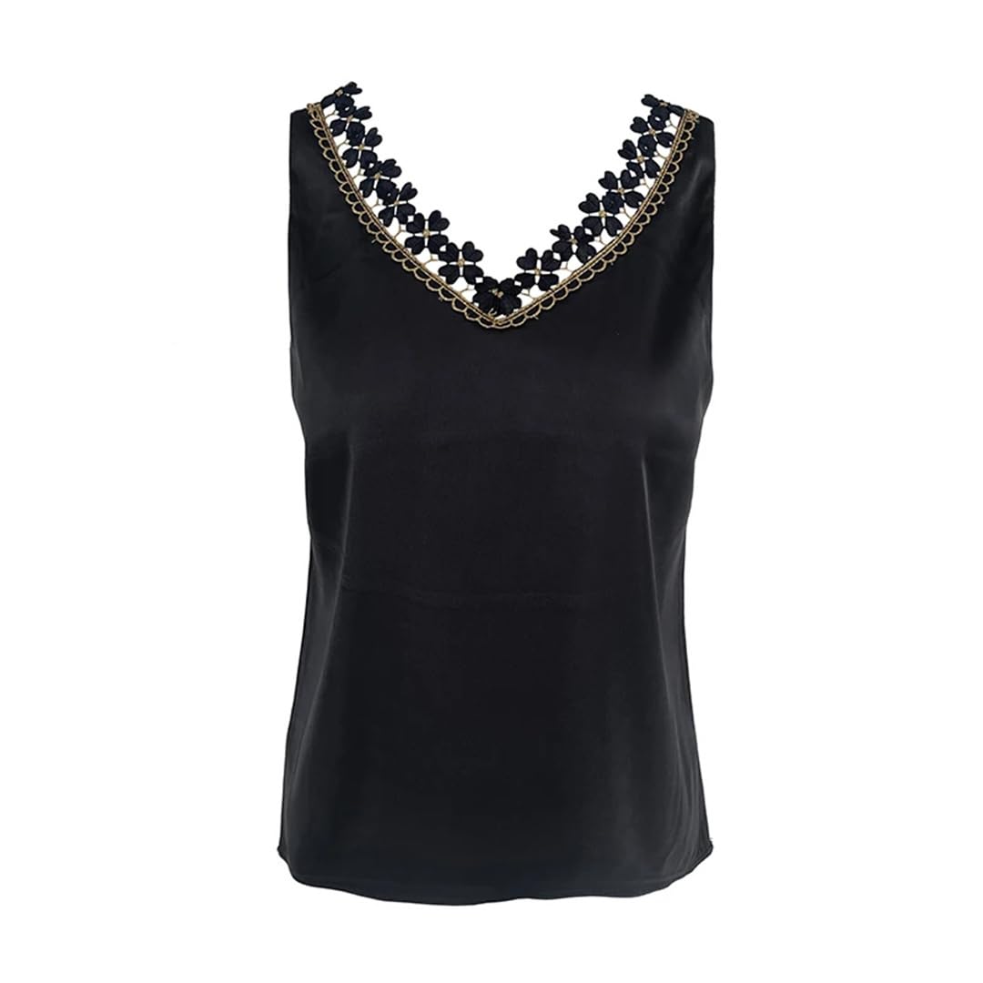 Canotta da donna in raso di seta con scollo a V primaverile estate moda patchwork pizzo ricamato canotte