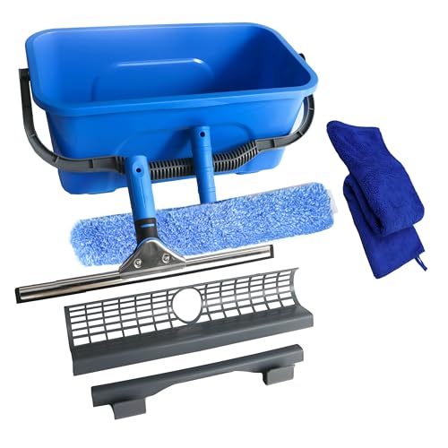 Image of Squeegee with Shelf Storage for Window Cleaning,Window Cleaning Squeegee kit with Bucket&Microfiber Scrubber,Bathroom,Shower Doors,Mirrors,Tiles,and Car Windows Blue